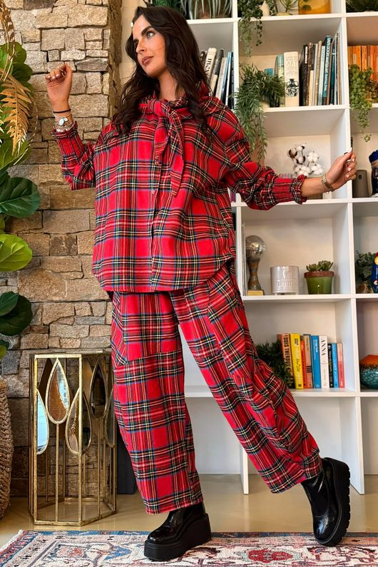 McAlister Tartan Brushed Cotton Neckerchief Blouse Red